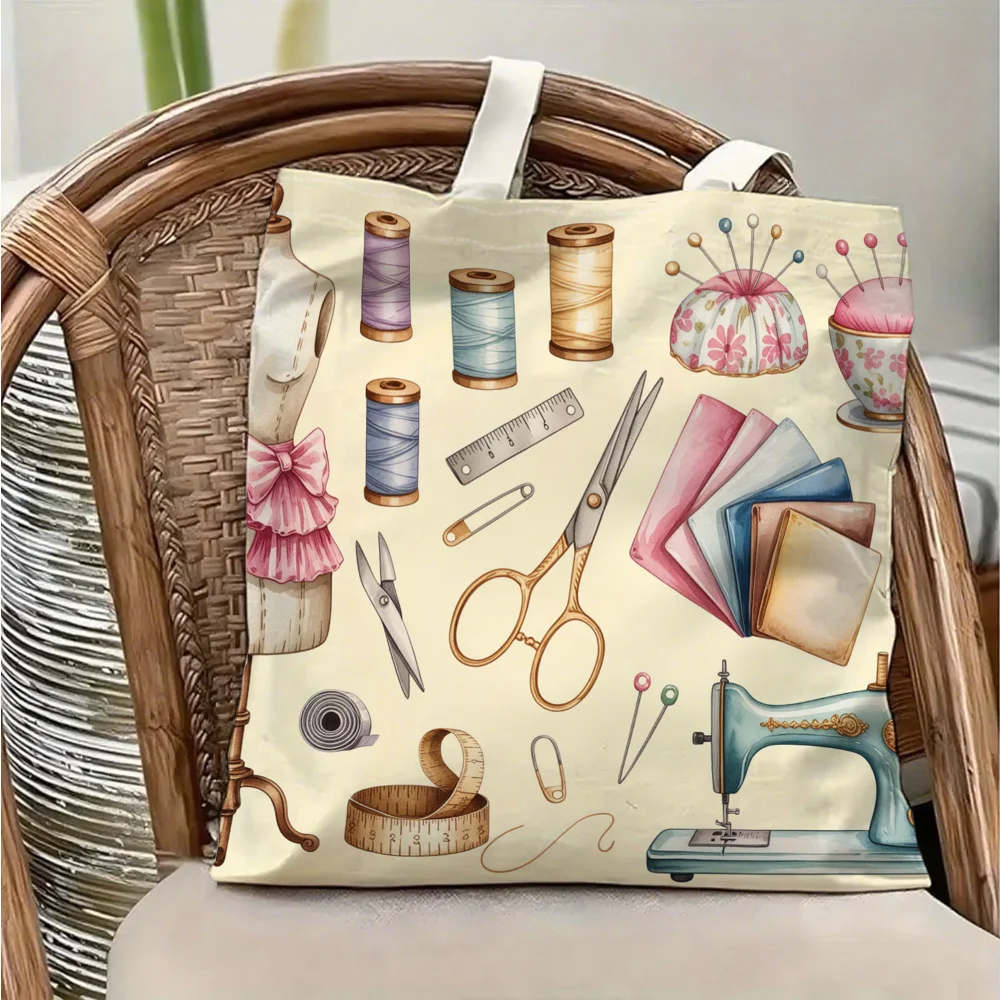 1 Piece Sewing Tool Canvas Shoulder Bag with Artistic Patterns, Lightweight Foldable Tote Bag with Fixed Shoulder Strap, Reusable Shopping Bag, Perfect Gift for Commuting, Travel, Shopping, School, and Holidays