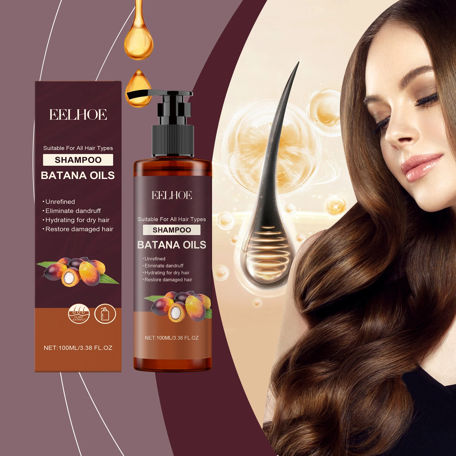 

100ml Eelhoe Batana Hair Shampoo Hydrating Repair Nourishing Smooth Frizz Control Dry Damaged Hair Care Treatment Shampoo