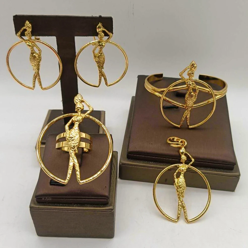 

Vintage Earrings and Pendant Jewelry Set for Women 18k Gold Color Cuff Bangle Ring Weddings Bride Set for Nigerian Accessories