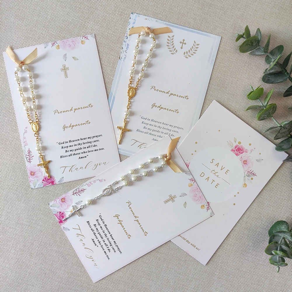 20/10 قطعة بطاقات المعمودية المفضلة مع مسبحة عيد ميلاد المعمودية بالتواصل ديكور التعميد لحديثي الولادة