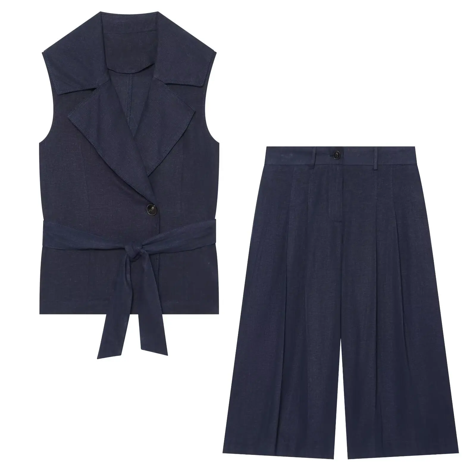 Conjunto de Verano para Mujer: Chaleco Azul Marino sin Mangas, Blazer con Cinturón, Top, Pantalones Cortos Bermuda de Cintura Alta y Pierna Ancha Plisada, Trajes de Pantalón a la Moda