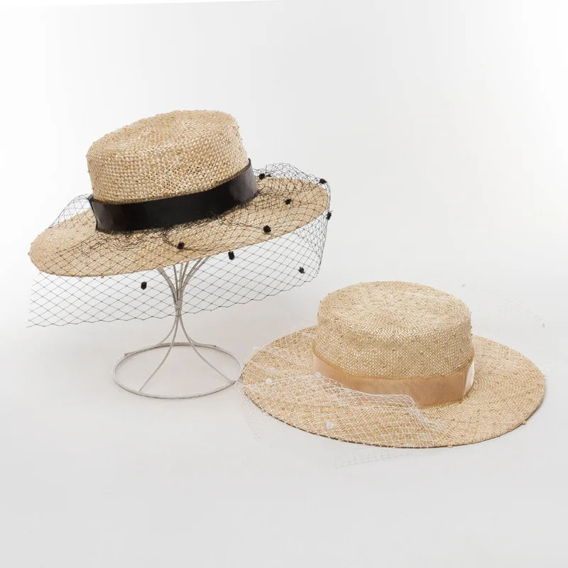 

Polka dot mesh decoration fashion wide-brimmed sisal flat-top straw hat outdoor sunscreen sunshade flat-top straw hat for woman