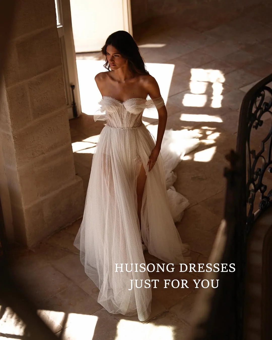 

HUISONG Customized suknia ślubna Boho Wedding Dresses Sweetheart Sleeveless Off Shoulder High Side Split A-Line Bridal Gown