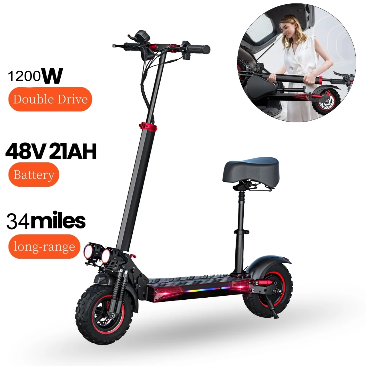 

Electric Scooter, 1200W High-Power Motor, Front and Rear Dual Suspension, Foldable, Convenient for Daily Commuting and Storage