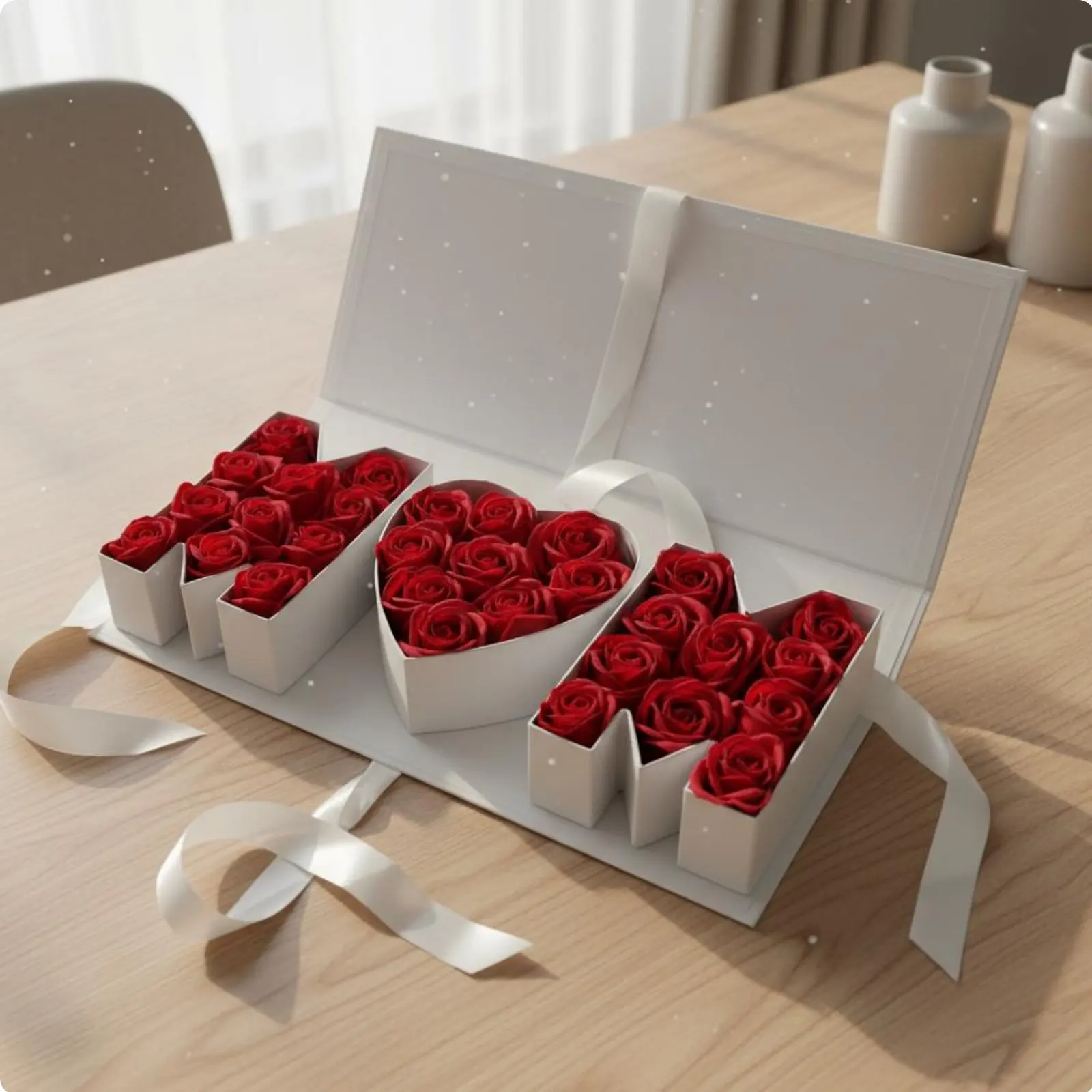 Mother's Day Floral Box Elegant Design MOM Letter Gift Box MOM Shaped Gift Container Ribbon Closure for Moms, Anniversaries