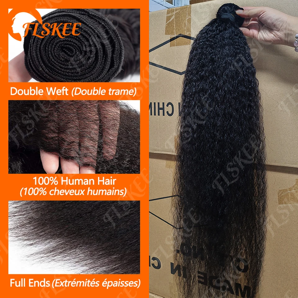 Paquete de 3 trenzas de cabello humano FLSKEE de 30 pulgadas, indio 12A, kinky recto, crudo, yaki recto, doble trama, para trenzar 3