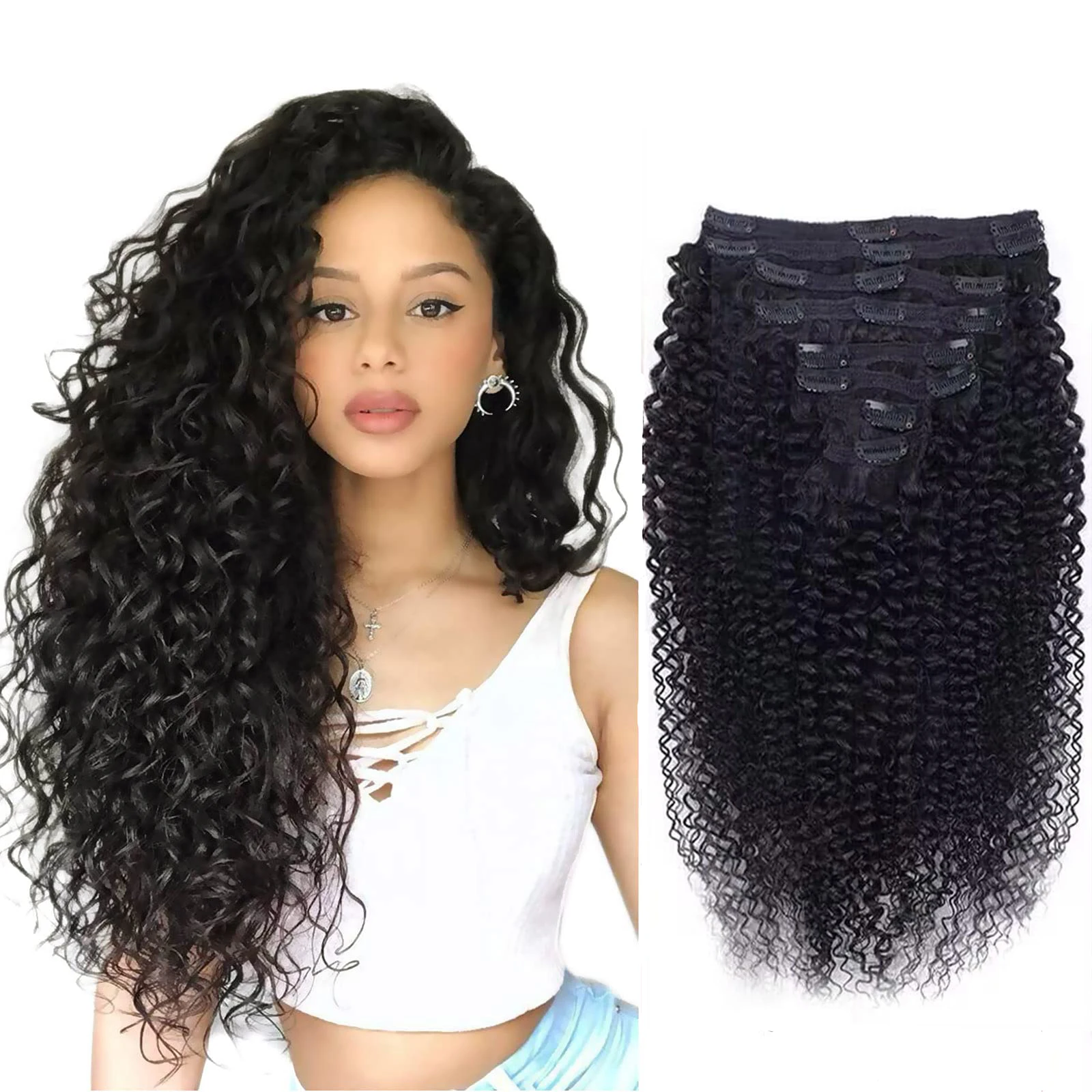 Human Hair Deep Wave Clip In Hair Extensions Brazilian Clip In 8 Pcs/Set Natural Black Color Clip Ins Remy Hair 8-26 Inch 120G