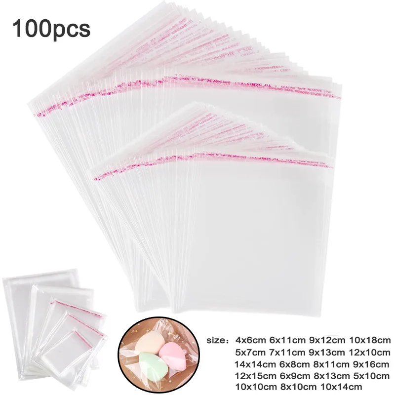 100pcs Transparent Self Sealing Small Poly Plastic Bags Jewelry Gift Packing Self Adhesive Cookie Candy Packaging Cellophane Bag