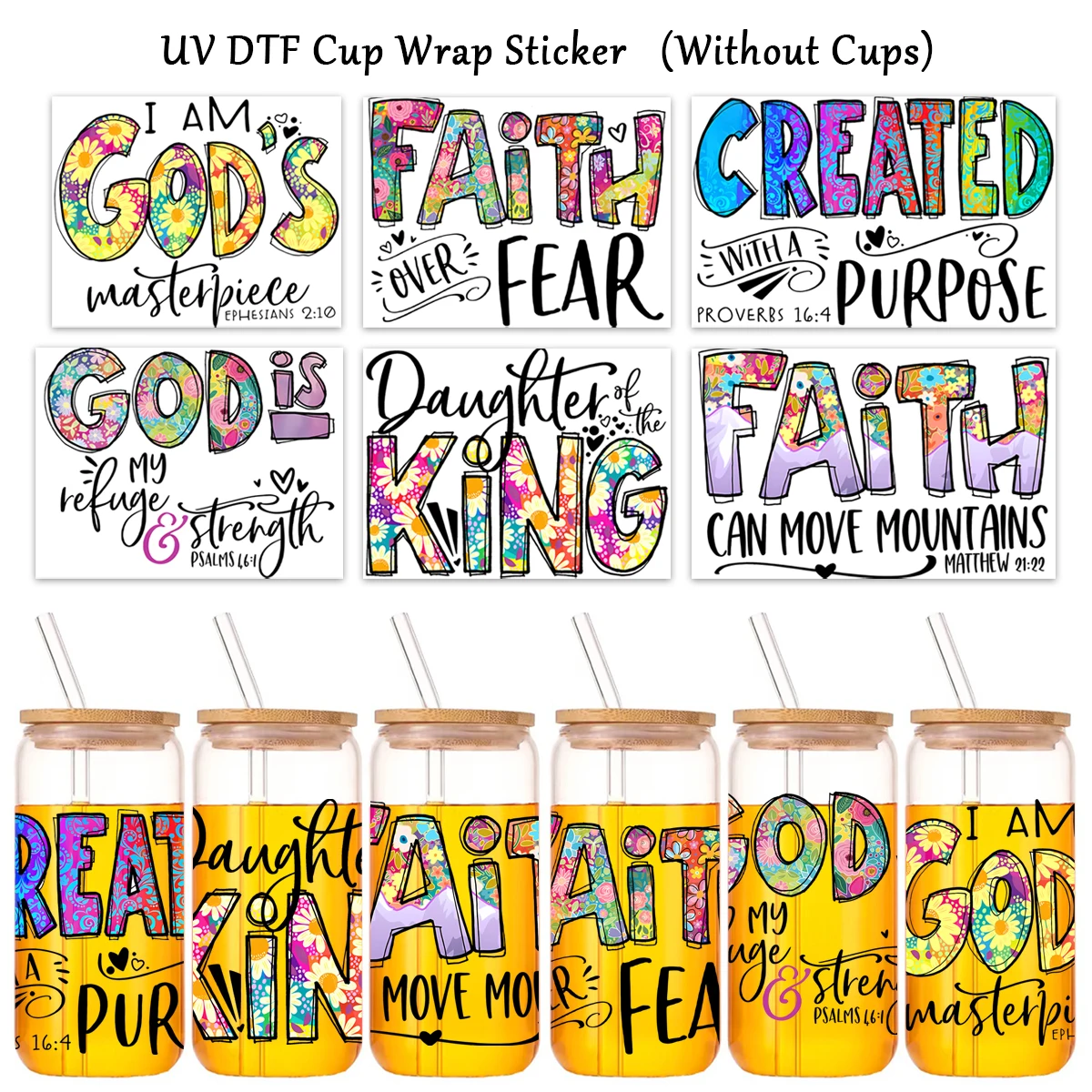 6Sheets/Pack UV Transfer Sticker, Christian Bible Verse Sticker, Glass Cup Waterproof Decal Self-Adhesive Stickers,Craft Sticker