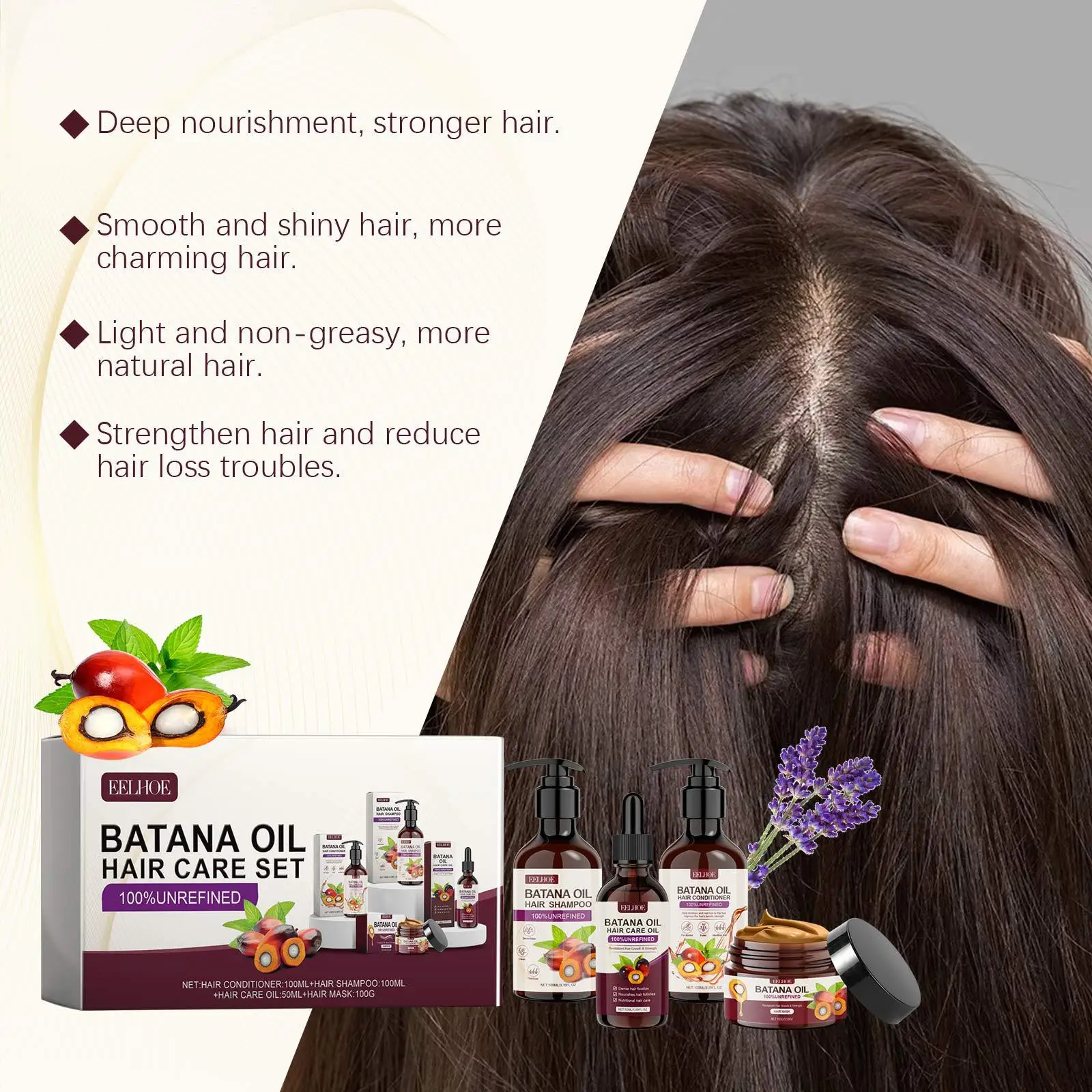 Eelhoe 1set Batana Oil Hair Care Set Keratin Treatment Repair Split Ends Hair Loss Conditioning Anti Frizz Curly Moisturizing