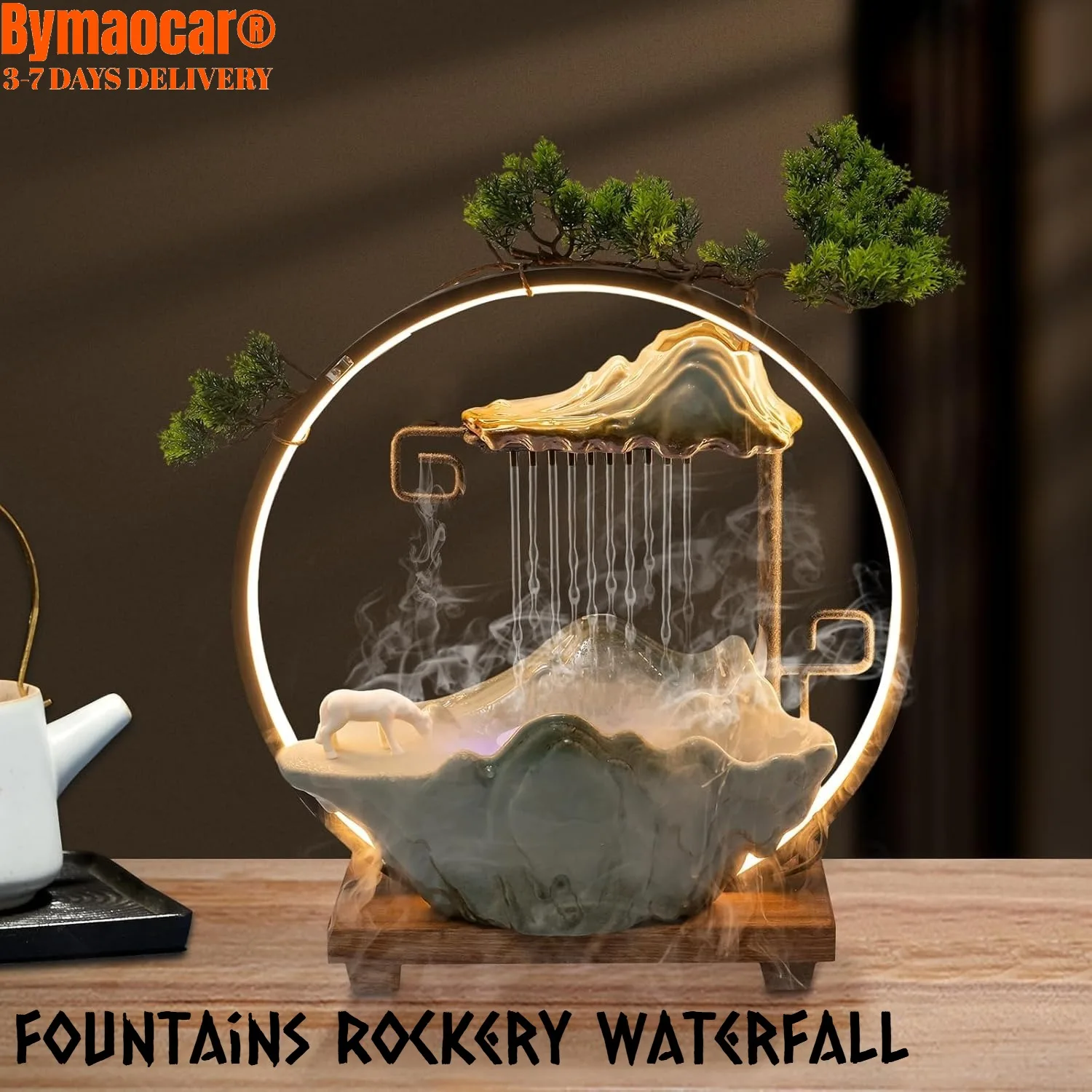 

Tabletop Water Fountain Indoor Countertop Waterfall with Mist LED Atomizer for Meditation with Artificial Plant Good Luck Wealth