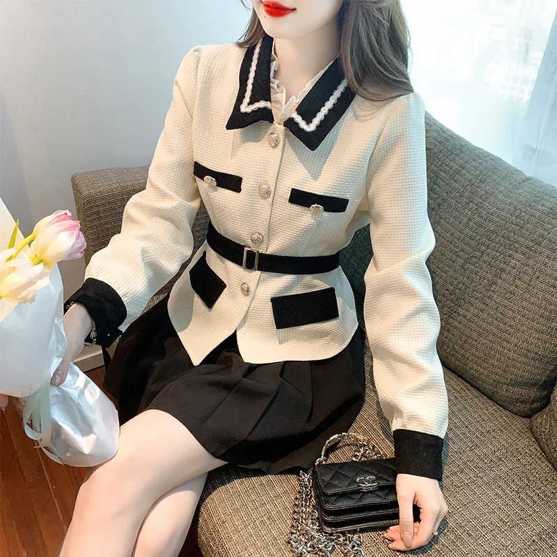 

Spring Autumn Turn Collar Single Breasted High Waist Wrapped Long Sleeve Suit Coat Women's Retro Versatile Outwear Trend Blazers