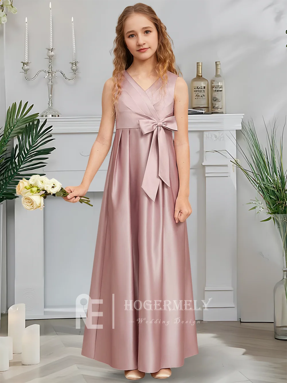 Этническое трапециевидное платье для подружек невесты, румяное платье с цветочным узором для девочек, v-образный вырез, атласный бант, садовое гала-платье для свадебной вечеринки