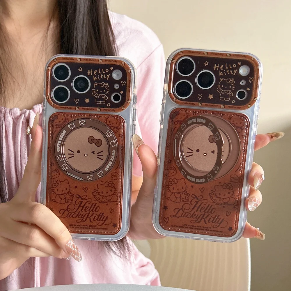 Fashion Korean Ins Brown Cartoon Cat Phone Case for iPhone 18 Pro Max 15 16 17 18 Pro Cute Shockproof Cover, with Magsafe Holder