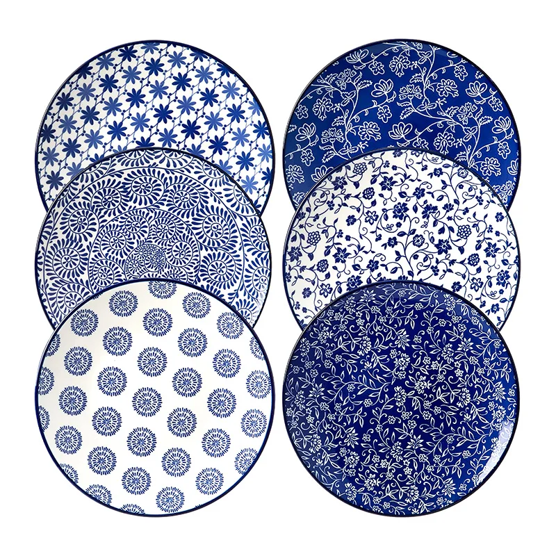 

6 шт., набор керамических тарелок для салата - 10-дюймовые маленькие круглые десертные тарелки для кухни, ужина, пасты, закусок, сэндвичей - винтажный синий цвет
