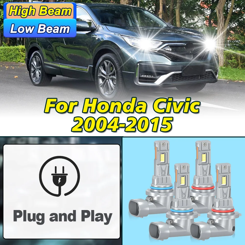 

4PCS For Honda Civic 2004-2015 LED Headlight 9005 9006 Hight Low Beam 6000K White 3570 CSP Chip Plug&Play Car Light