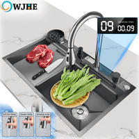 304 Stainless Steel Waterfall Kitchen Sink Large Single Slot Integrated Digital Display Faucet Set Soap Dispenser Cup Washer