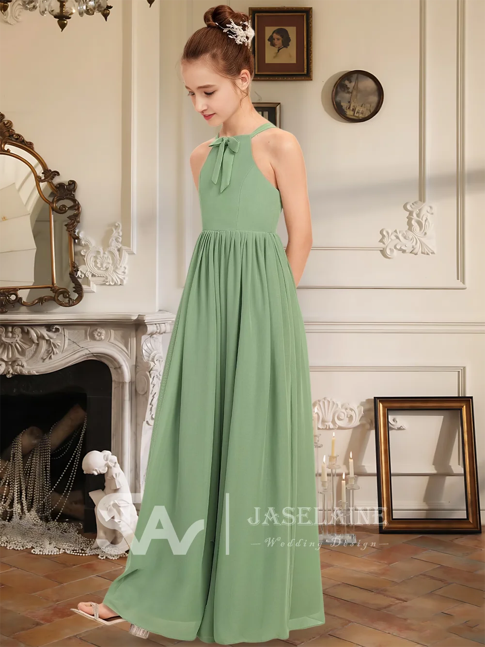 Базилик трапециевидной формы с лямкой на шее длиной до пола, шифоновое платье для подружек невесты с бантом, платье без рукавов с цветочным узором для девочек, торжественное свадебное платье