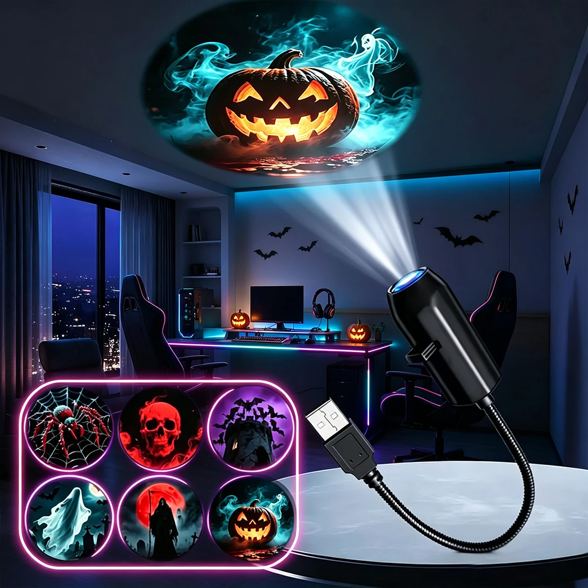 Halloween Projection Night Light 4/6/10 Modes Switchable Pattern USB Projector Light for Christmas Atmosphere Lamp Ceiling Decor