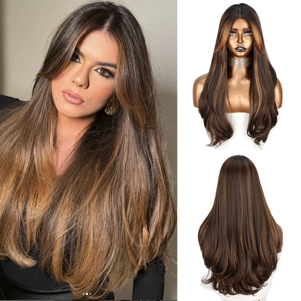 Long Brown Ombre Synthetic Wigs for Women Natural Hair Wavy Wigs Middle Part Female Wig Cosplay Heat Resistant Fiber Wigs