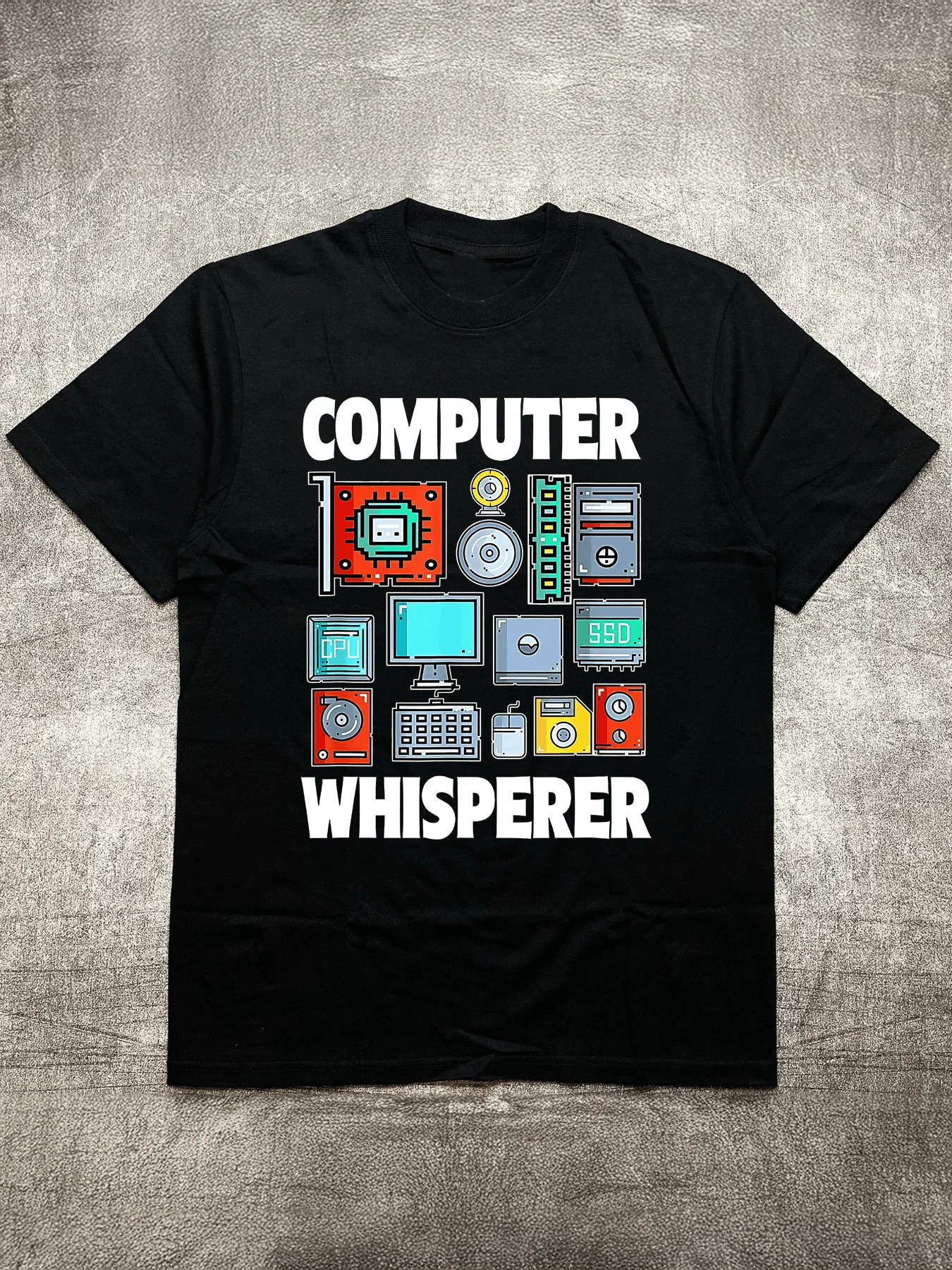 

Men's Black 200G Cotton Heat Transfer Printed Crew Neck Short Sleeve T-Shirt - Computer Whisperer Theme Pattern