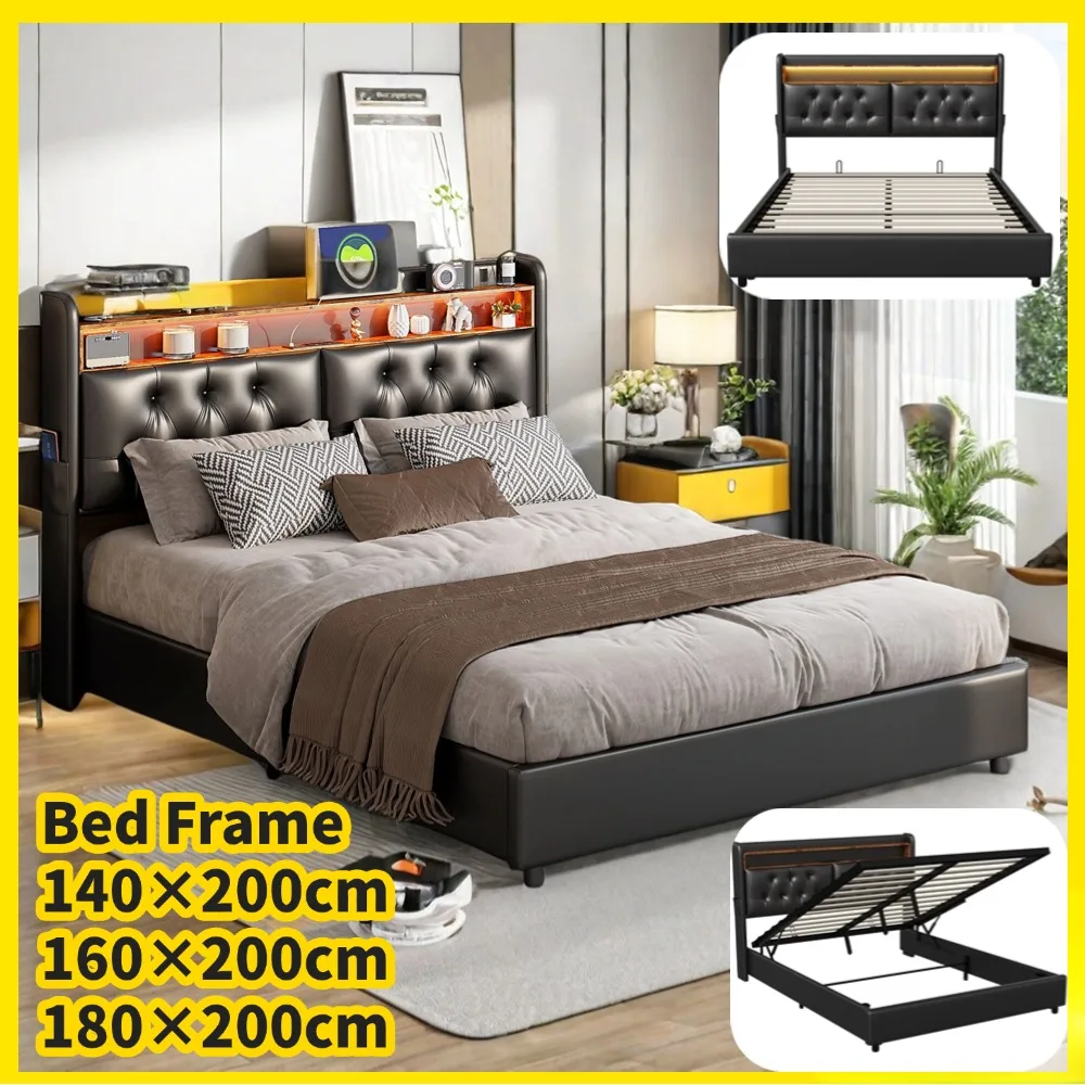 180x200cm/x cm/x cm schwarzer PU-Leder bett rahmen mit hydraulischem Stauraum, RGB-LED-Licht und