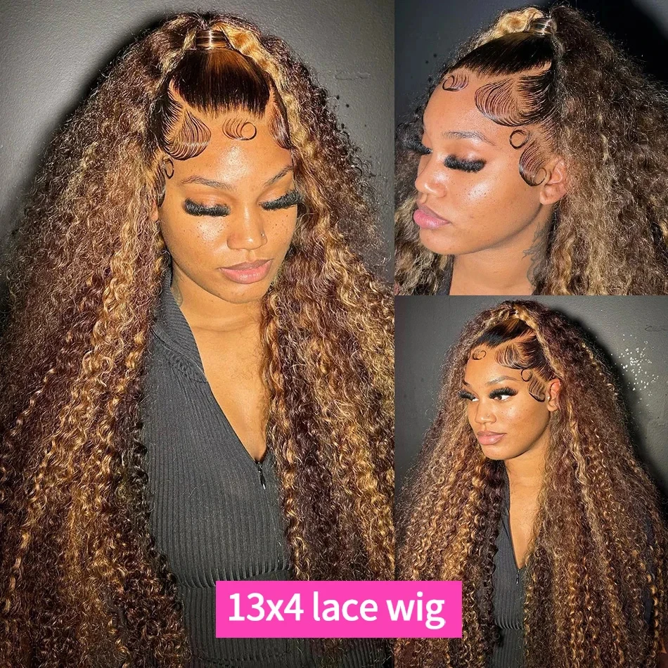 HD Honey Blonde Kinky Curly 13x4 13x6 Lace Frontal Human Hair Wig Pre Plucked Highlight Ombre Colored 4x4 Lace Closure Curly Wig