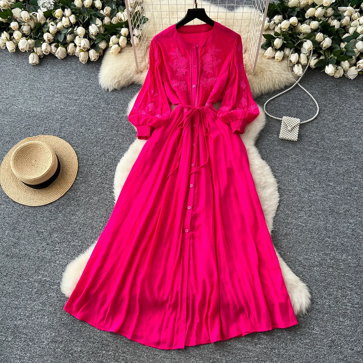 Vintage elegante geborduurde knoopjurk A-lijn chique casual strandvakantie dames zomerjurken - afbeelding 2