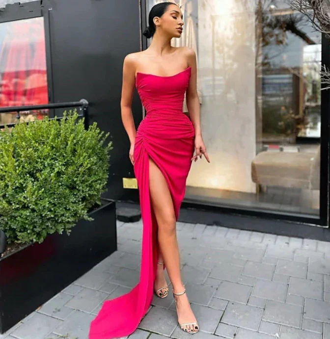 

Sexy Mermaid Prom Dresses Sleeveless Side Slit Spandex Satin Evening Dresses With Zipper Back vestidos de fiesta de noche