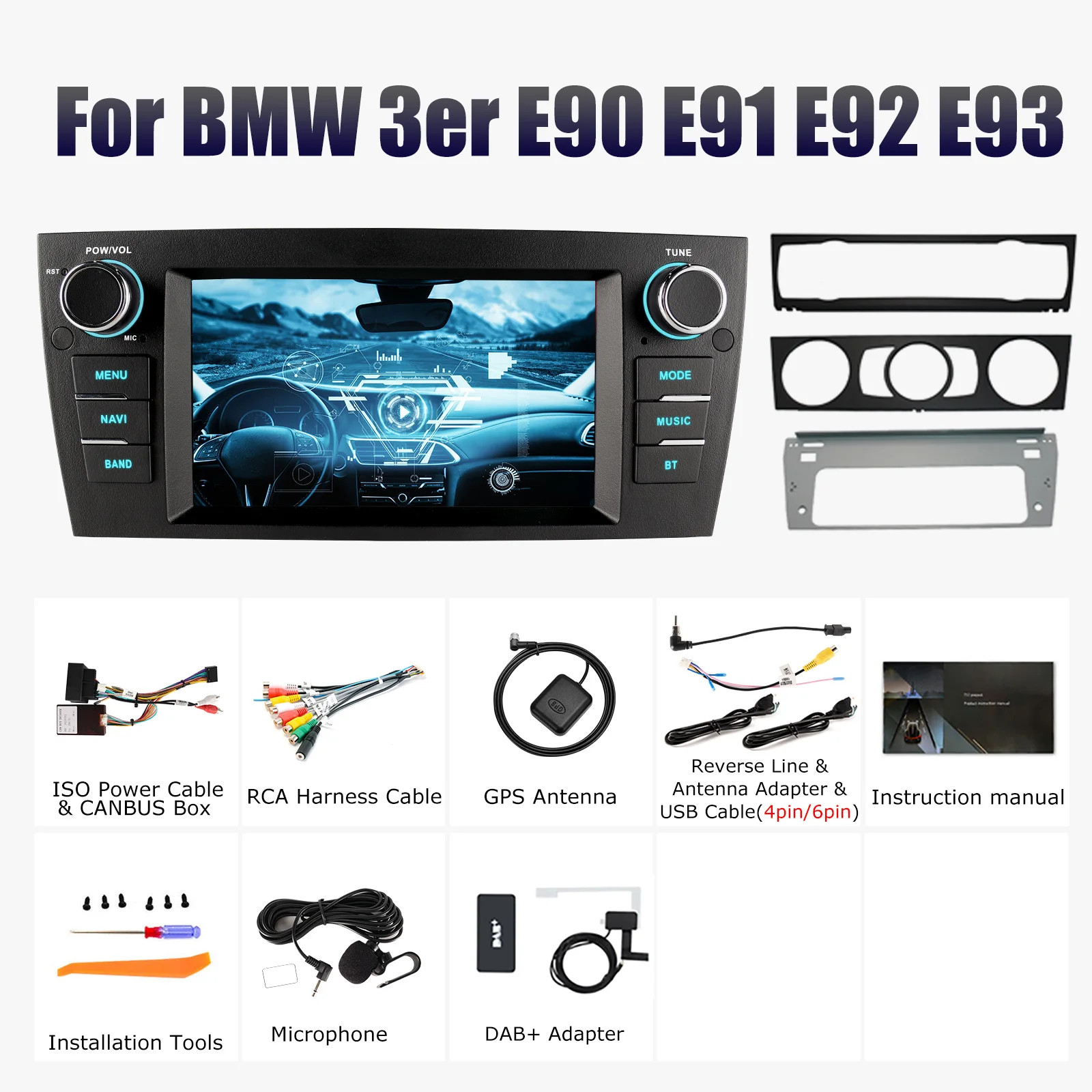 ESSGOO GPS-navigatie WIFI 7 Inch IPS Aanraakscherm Draadloze Carplay Android auto Voor BMW 3 Serie E90 E91 E92 E93 Android 14 Autoradio USB Microfoon Bluetooth Spiegellink 7-kleurenlicht ASP-geluid