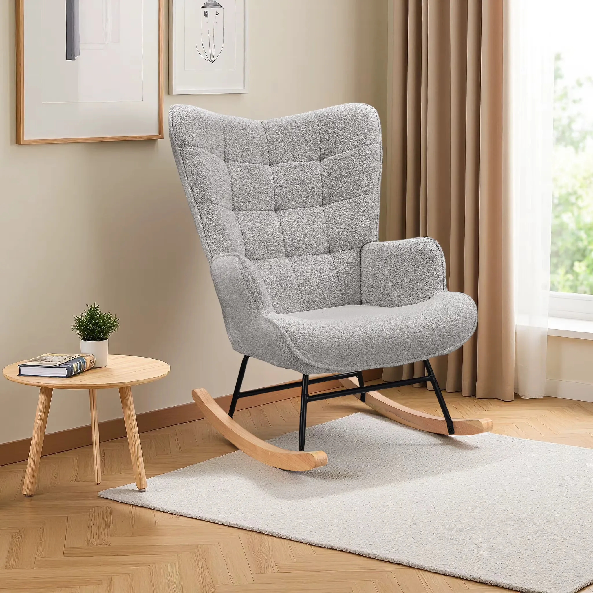 Fauteuil à Bascule Chaise à Bascule en Velours Teddy avec Dossier à, Structure en Acier Pieds en Bois Massif Rocking Chair