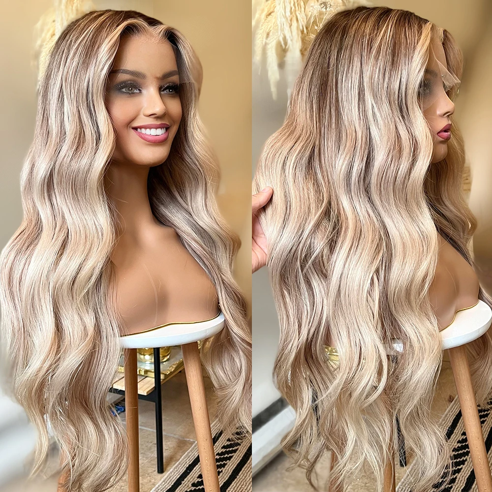 

Real Virgin Brazillian Human Hair Luxury Wavy Wig Medium Warm Blonde Highlight Balayage Lace Front Wig 28" 200% Invisible HD