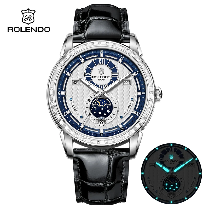 

ROLENDO High-end Diamond-set Automatic Watch for Men 43mm Sapphire Crystal Luminous Full Calendar Leather Strap 5ATM Luxury Gift