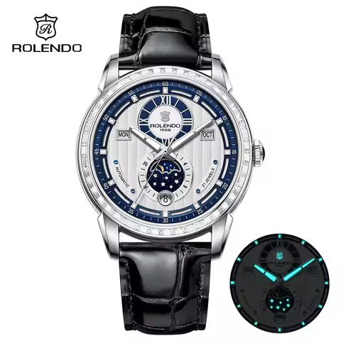 ROLENDO High-end Diamond-set Automatic Watch for Men 43mm Mineral Crystal Luminous Full Calendar Leather Strap 5ATM Luxury Gift