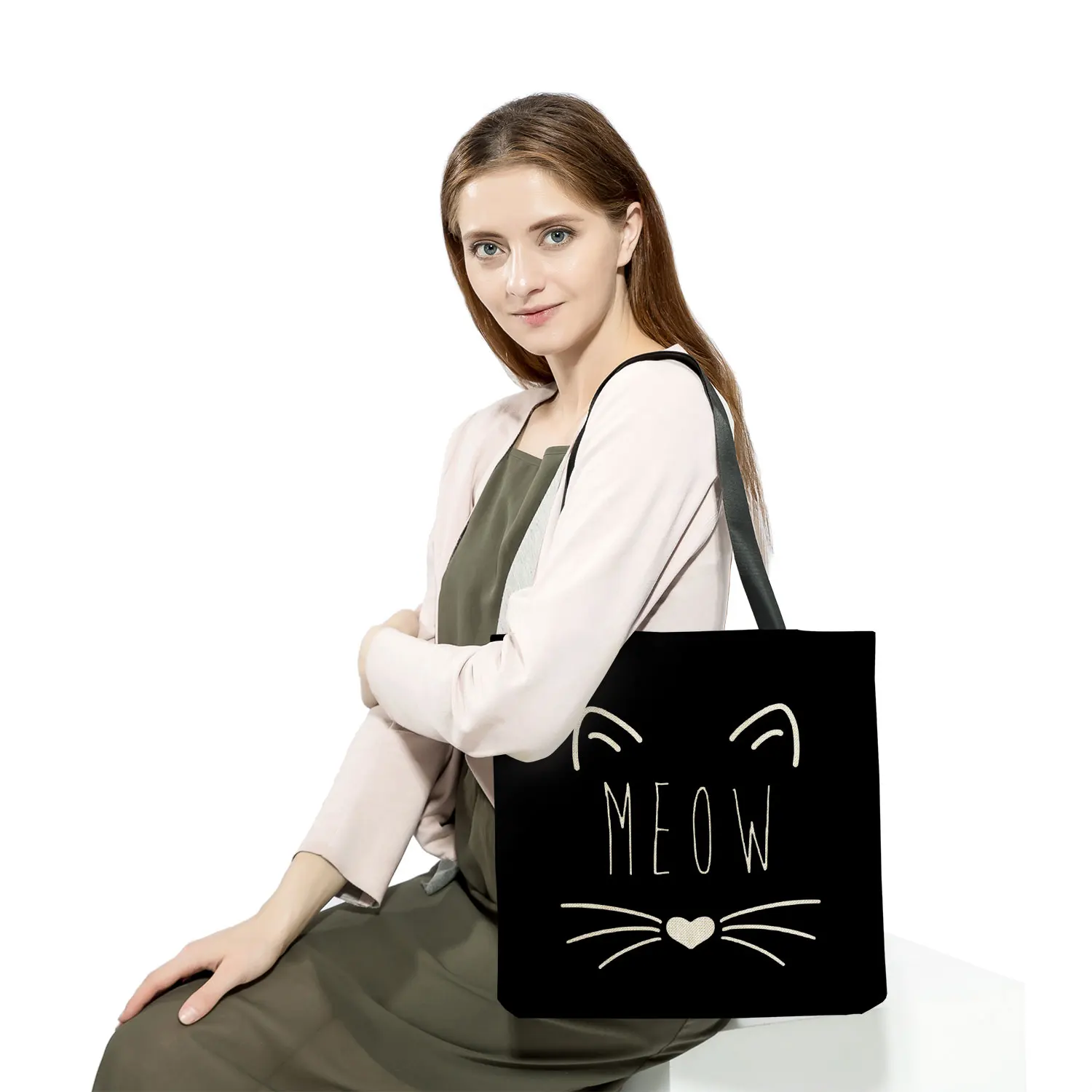 Shopping Bag Cartoon Black Cat Printed Fashion Tote Bag Eco Reusable Ladies Travel Handbags Women\'s Shoulder Bags High Capacity