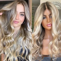 22” Blonde Light Ash Brown Roots Melting Wig Wavy Full Lace Wig 100% Virgin Human Hair Wig 200 Density HD 13x6 Lace Front Wig