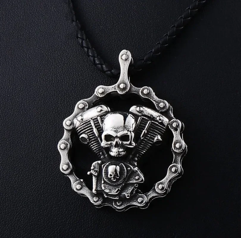 AliExpress Cool Heavy Bicycle Chain Skull Motorcycles Engine Metal Pendant Jewelry Motor Biker Skull Cross Men