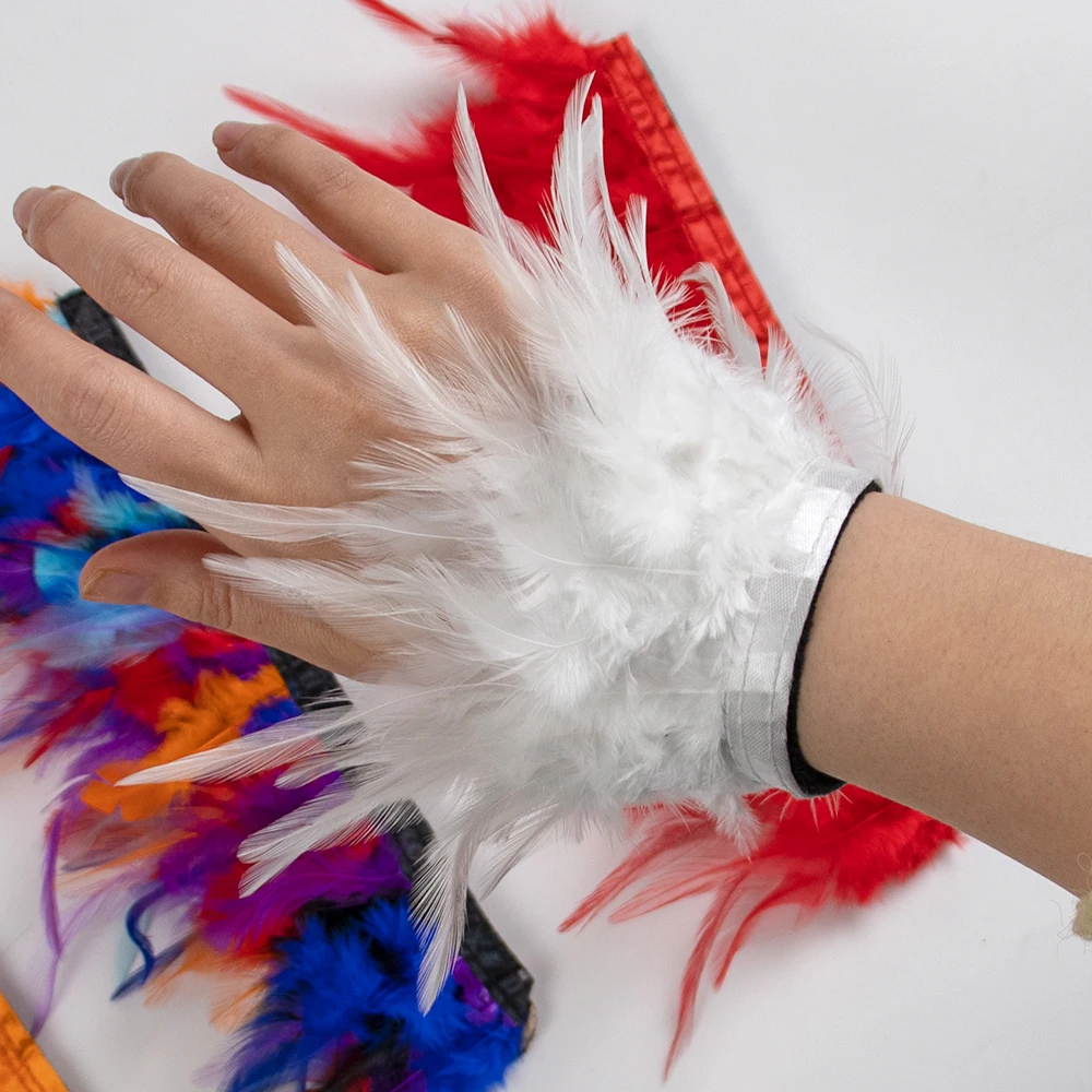 Puños de muñeca de plumas de pene blanco, Mangas de plumas personalizadas, pulsera a presión, traje brillante