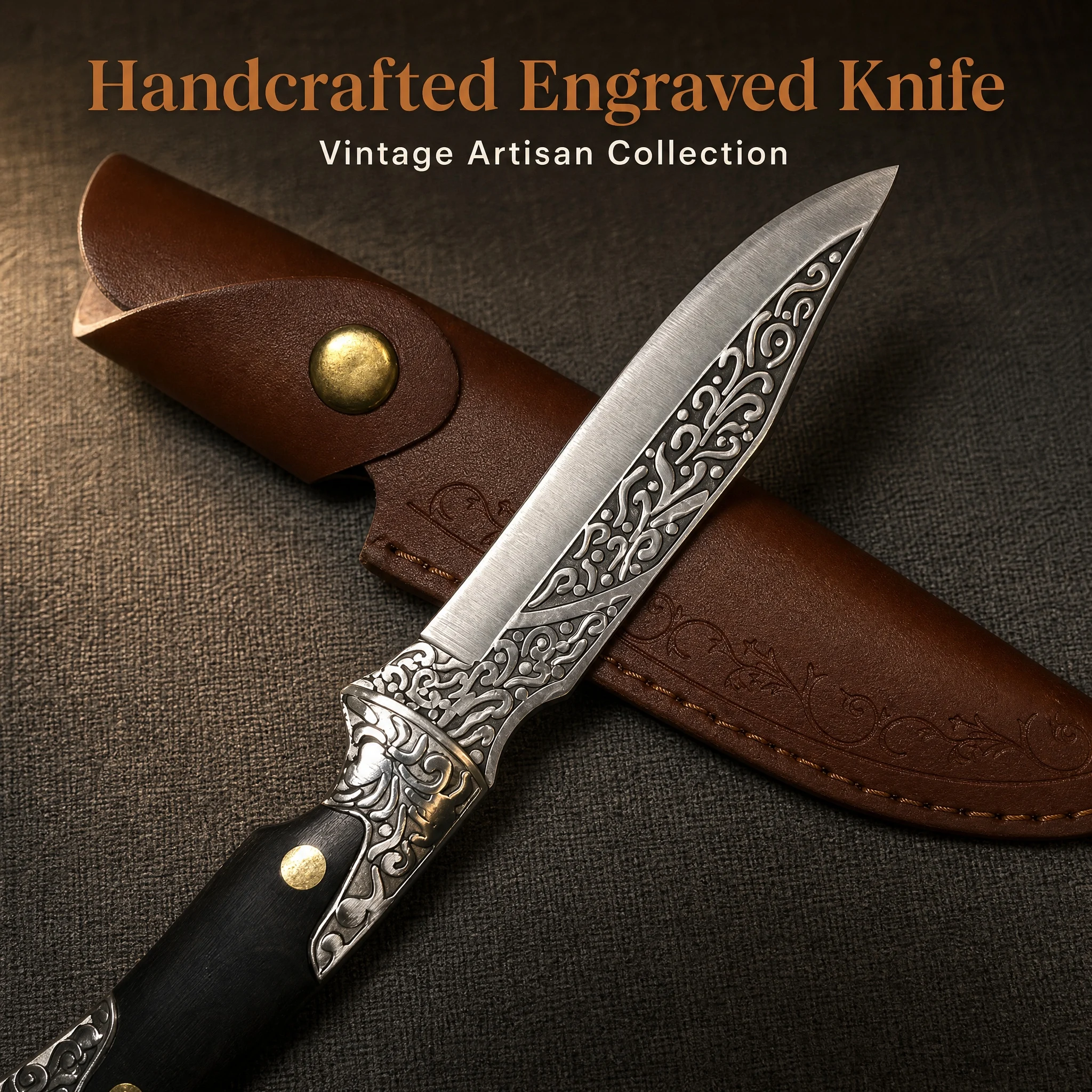 Vintage Collectible Knife | Beautifully Engraved Vintage-Patterned Hunting Knife with Fine Handle, Solid Wood Sheath, Full-Body European Classic Vine Pattern Engraving, Distressed Finish, Durable Straight Knife | Suitable as a Birthday