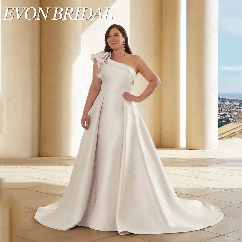 

EVON BRIDAL Plus Size Satin Wedding Dress Sleeveless Detachable Train Mermaid One Shoulder Vestidos De Novia Custom Bride Gowns