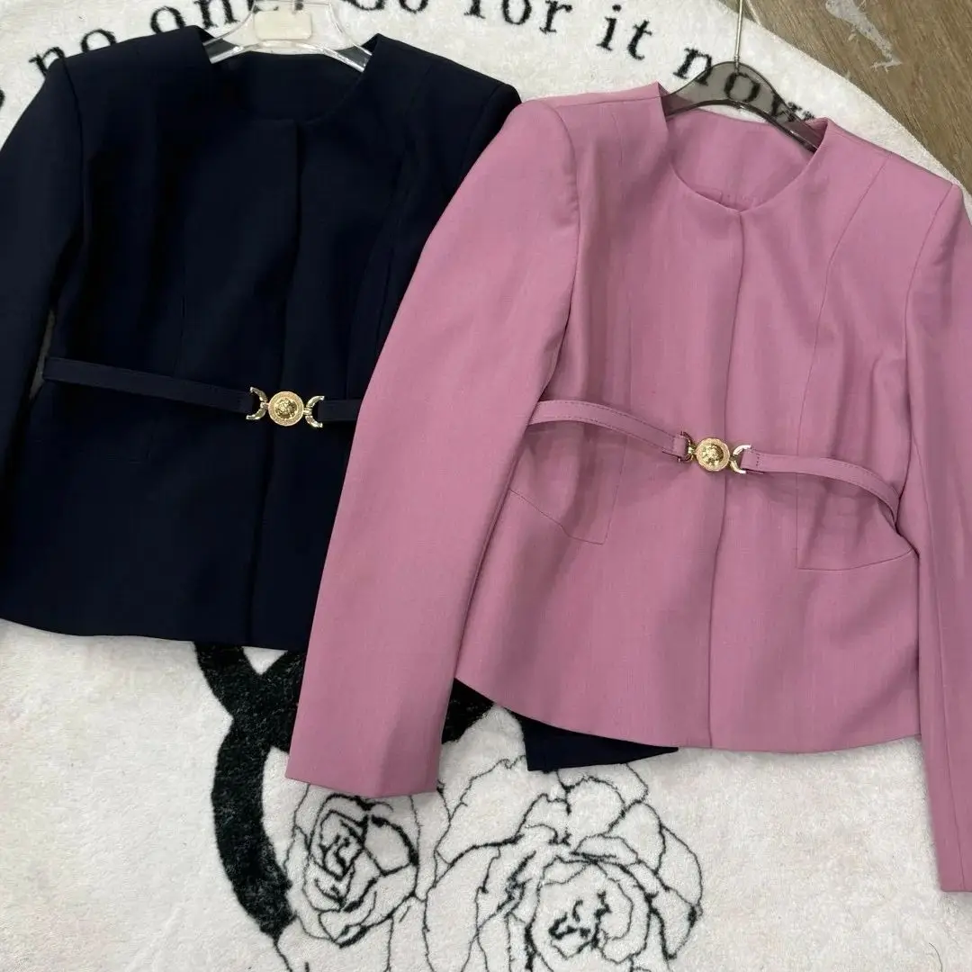 بدلة تنورة نسائية خريفية أنيقة ذات لون سادة مع حزام #6