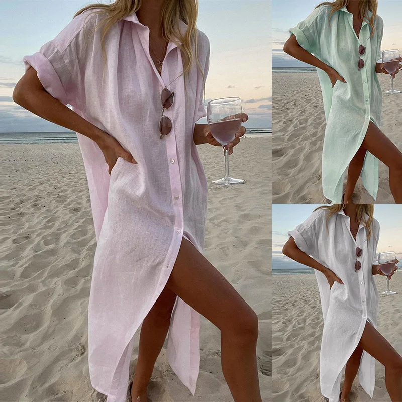 Women White Long Shirt Dresses Turn-down Collar Elegant Loose Streetwear Summer Solid Beach Holiday Casual Female Vestidos