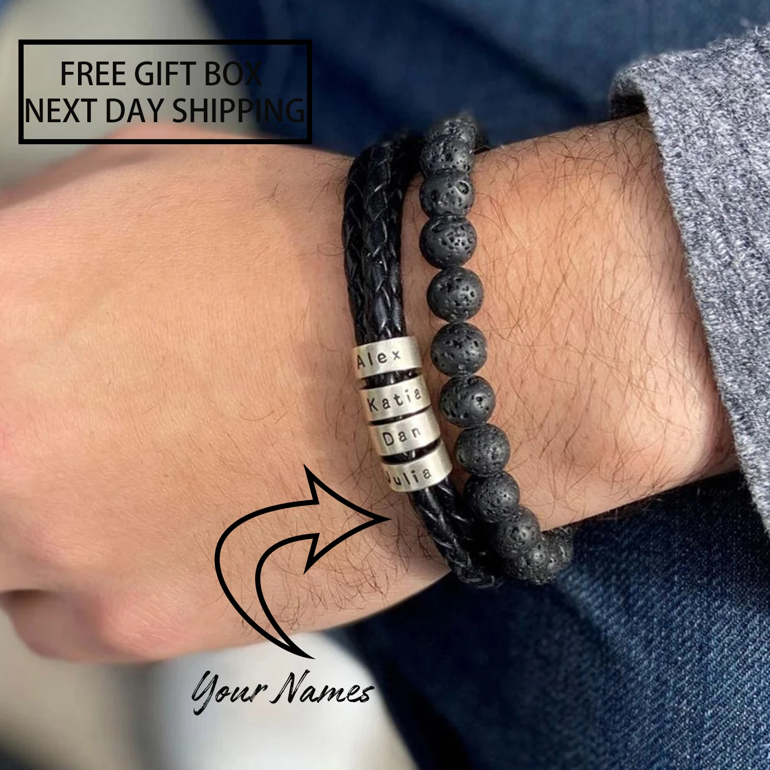 Personalized Father's Day Gift Men Braided Leather Bracelet With Cusom Name Beads For Husband Personalise Family Jewelry Gift