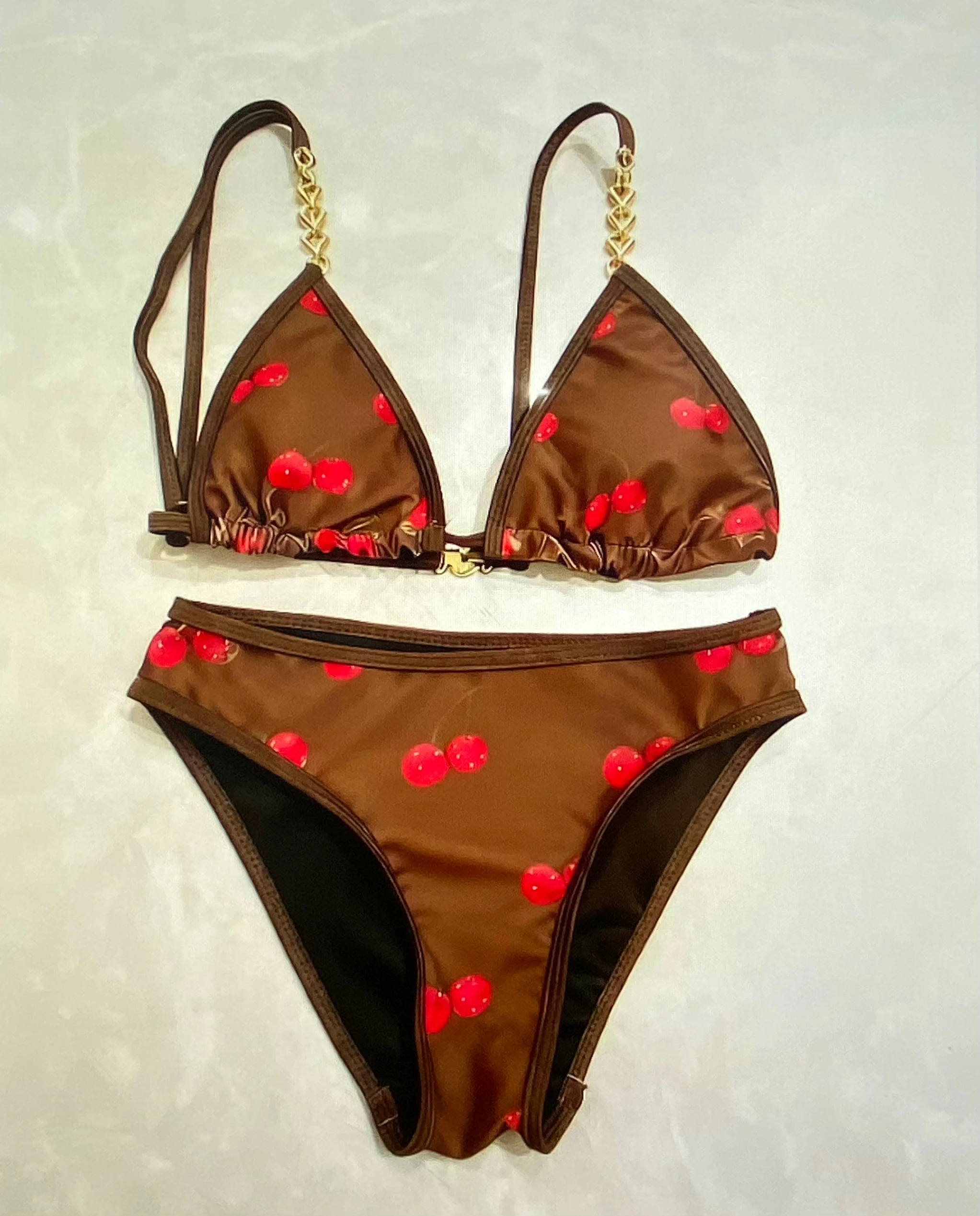 

2025 Summer New Retro Cherry Pattern Brown Bikini Sexy Slim Fit Stretch Two-Piece Swimsuit Beach Vacation Clothes A22
