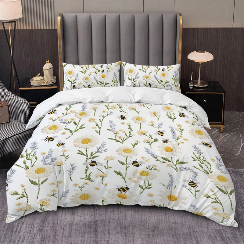 3PC Bee and Daisy Duvet Cover Set, Featuring a Pastoral Floral Print Pattern (1 Duvet Cover+2 Pillowcases), Machine Washable
