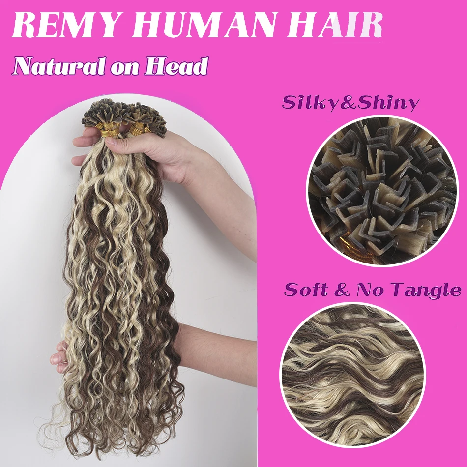 Extensões de cabelo SOVO-V Tip, Ombre, Castanho Médio, Loiro Natural Misturado, Cabelo Humano Remy, Onda De Água, Hot Fusion, P4, 613 #