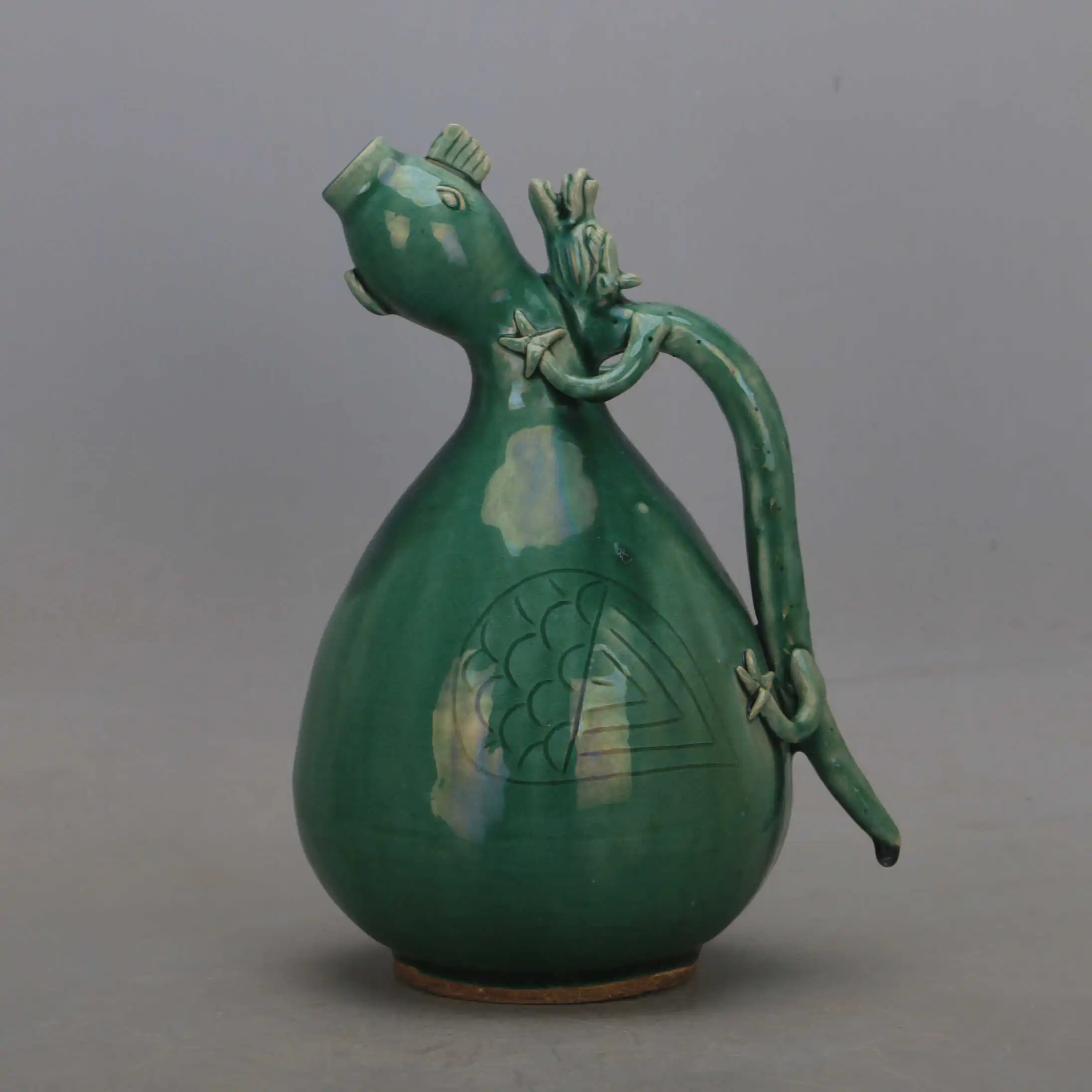 Vintage Song Dynasty Style Yue Kiln Green Glaze Carved Dragon Pattern Crooked Spout Teapot Ceramic Home Decor Collectible
