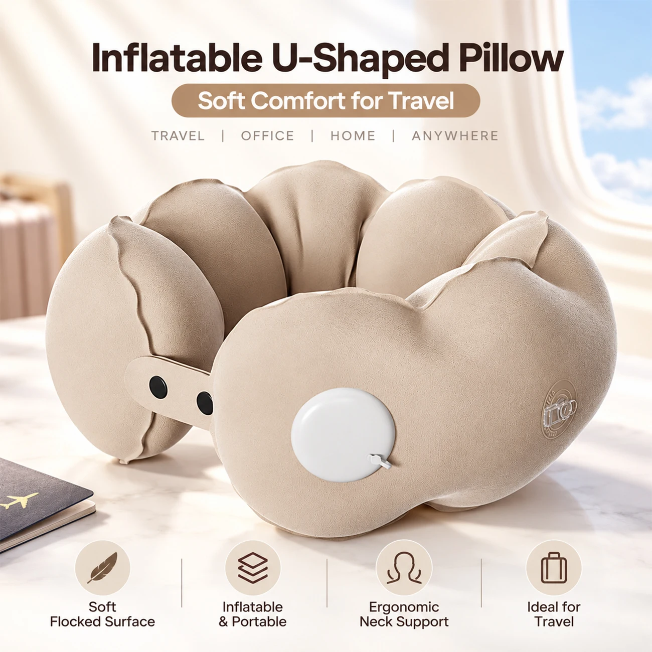 1PC Inflatable Travel Pillow, U Shaped Neck Pillow with Built in Pump, Portable Neck Support Cushion for Airplane Travel Office