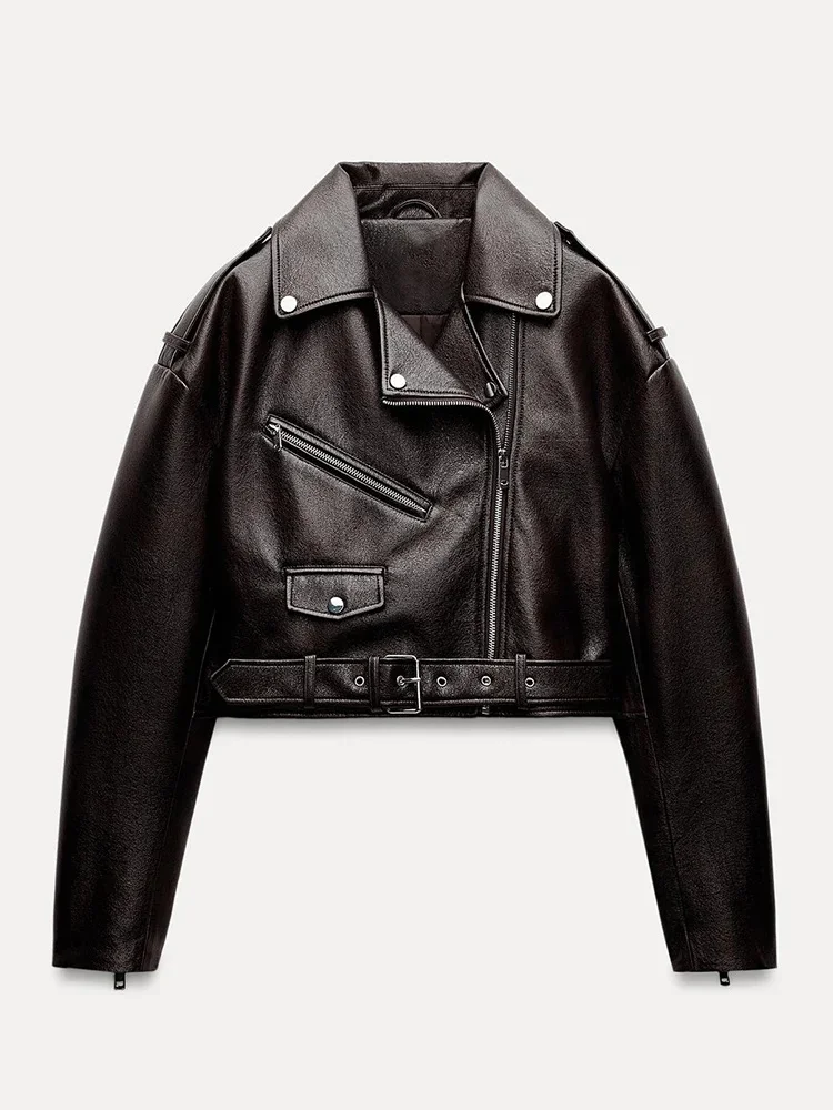 Ailegogo wiosna jesień kobiety Retro krótka Pu Faux miękka skórzana kurtka Vintage damski pasek płaszcz z zamkiem błyskawicznym Moto Biker znosić — zdjęcie 2