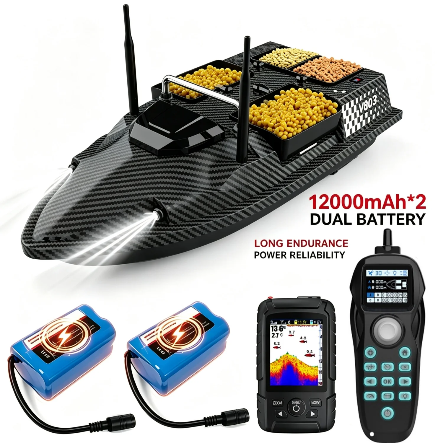 Barca da pesca con esche V803 Pro RC con 90 integrato ° Ecoscandaglio Sonar con Rilevamento Profondità 100M, 4 Contenitori Esca Controllabili Indipendentemente, Capacità Carico 3KG, Doppia Batteria
